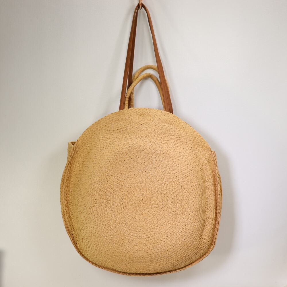 Ultimate Summer Beach Bag XL Tote Natural Straw Brown Faux Leather Handle Pocket